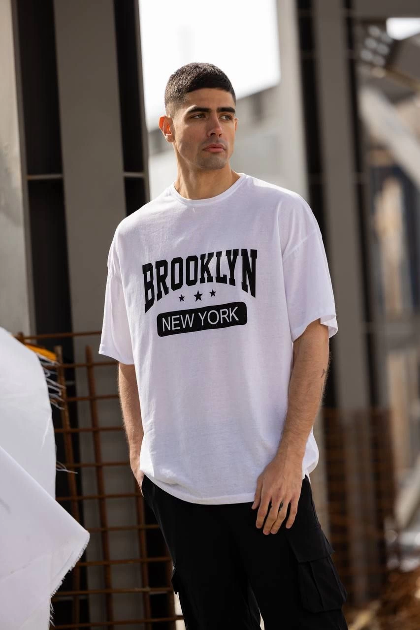 Erkek Kısa Kol Yazlık Tişört Bisiklet Yaka Baskılı Oversize T-Shirt – Beyaz