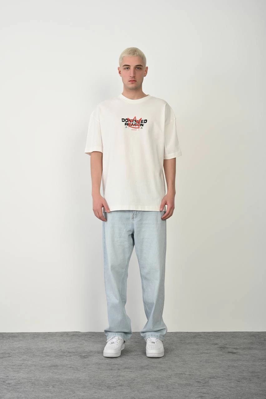 Erkek Kısa Kol Yazlık Tişört Bisiklet Yaka Baskılı Oversize T-Shirt – Beyaz