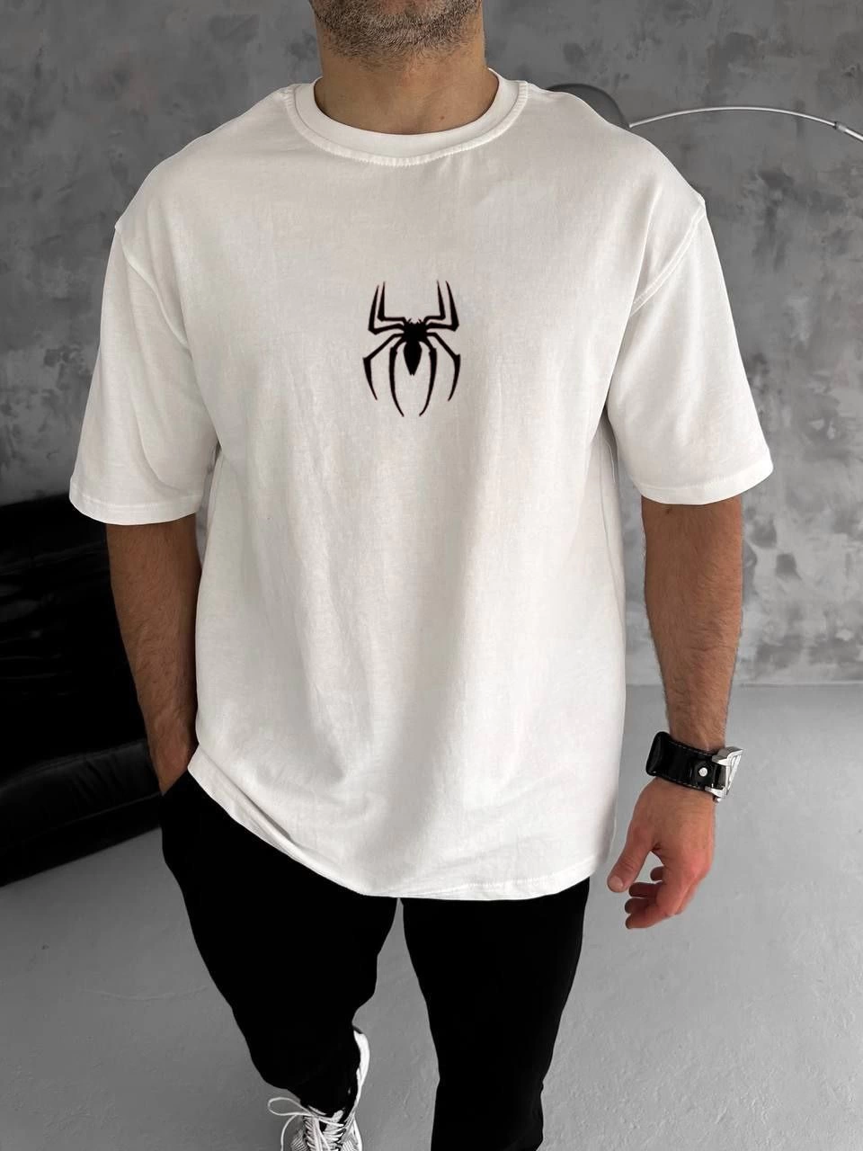 Erkek Kısa Kol Tişört Bisiklet Yaka ÖRÜMCEK Baskılı Oversize T-Shirt – Beyaz