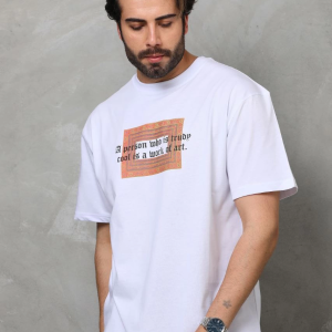 Erkek Baskılı T-Shirt Kısa Kol Bisiklet Yaka Regular Fit Rahat Kalıp Tişört – Beyaz