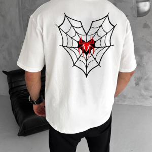Erkek Kısa Kol Tişört Bisiklet Yaka ÖRÜMCEK Baskılı Oversize T-Shirt – Beyaz