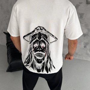 Erkek Kısa Kol Tişört Bisiklet Yaka Yıldırım Baskılı Oversize T-Shirt – Beyaz