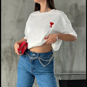 Kadın Tişört Bisiklet Yaka Baskılı Oversize Kısa Kol T-Shirt – Beyaz