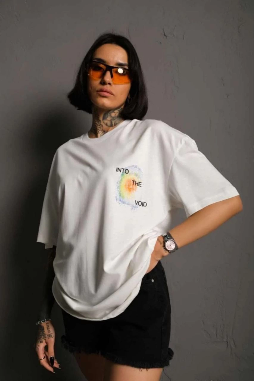 kadın Bisiklet Yaka Baskılı Oversize Kısa kol T-Shirt – Beyaz