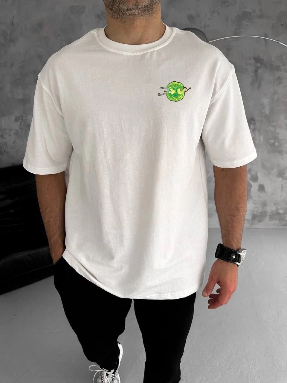 Erkek Kısa Kol Tişört Bisiklet Yaka RİCK AND MORTY Baskılı T-Shirt – Beyaz
