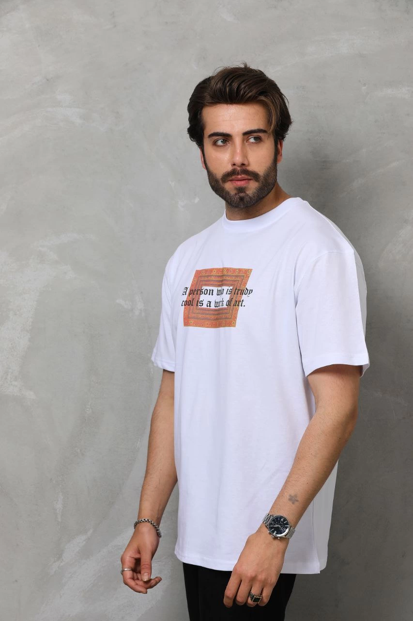 Erkek Baskılı T-Shirt Kısa Kol Bisiklet Yaka Regular Fit Rahat Kalıp Tişört – Beyaz