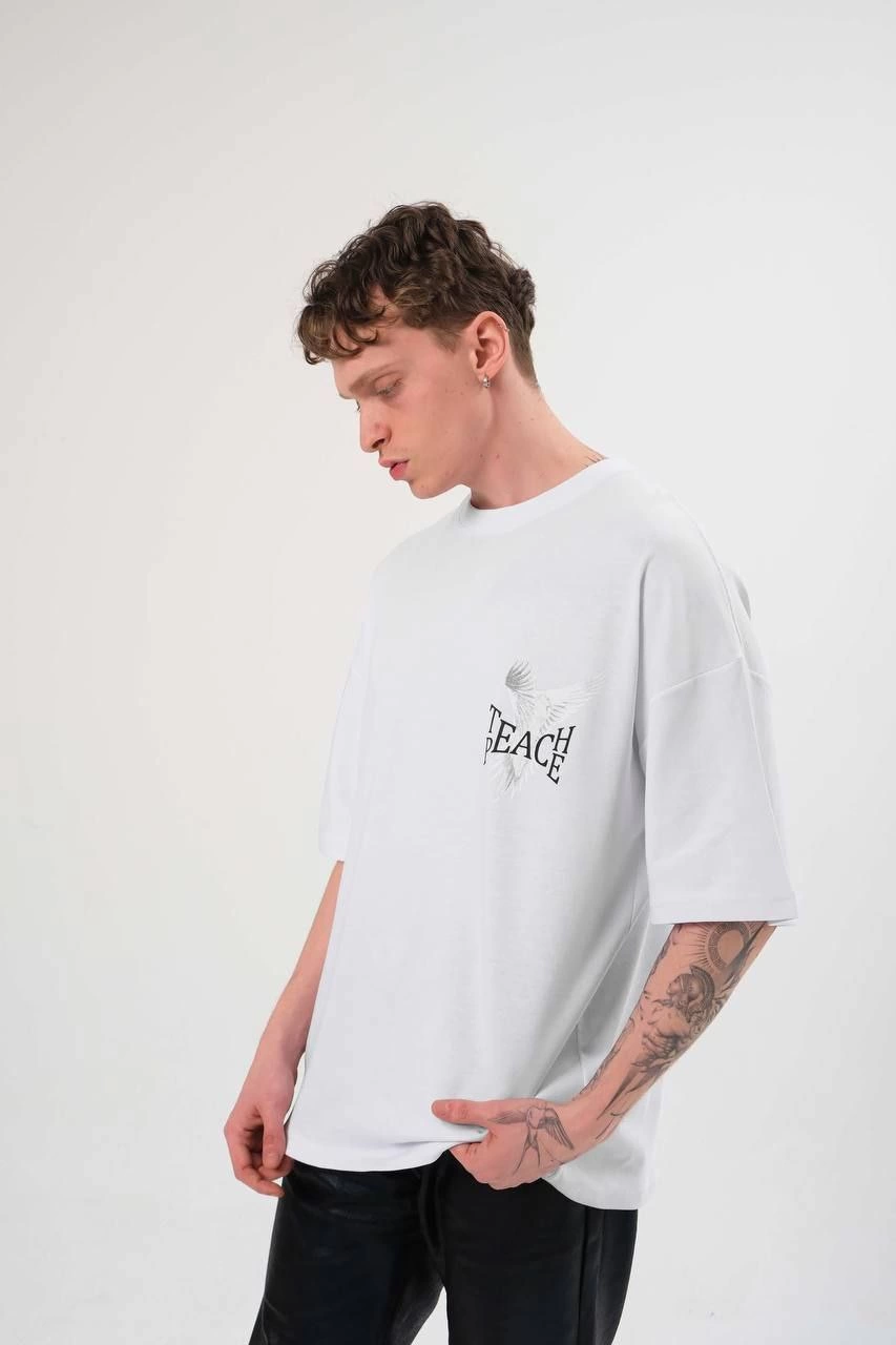 Erkek Kısa Kol Yazlık Tişört Bisiklet Yaka Baskılı Oversize T-Shirt – Beyaz