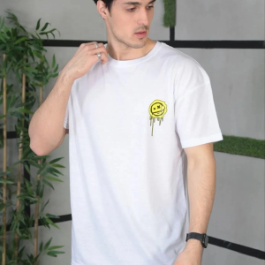 Erkek Kısa Kol Yazlık Tişört Bisiklet Yaka Baskılı Oversize T-Shirt – Beyaz