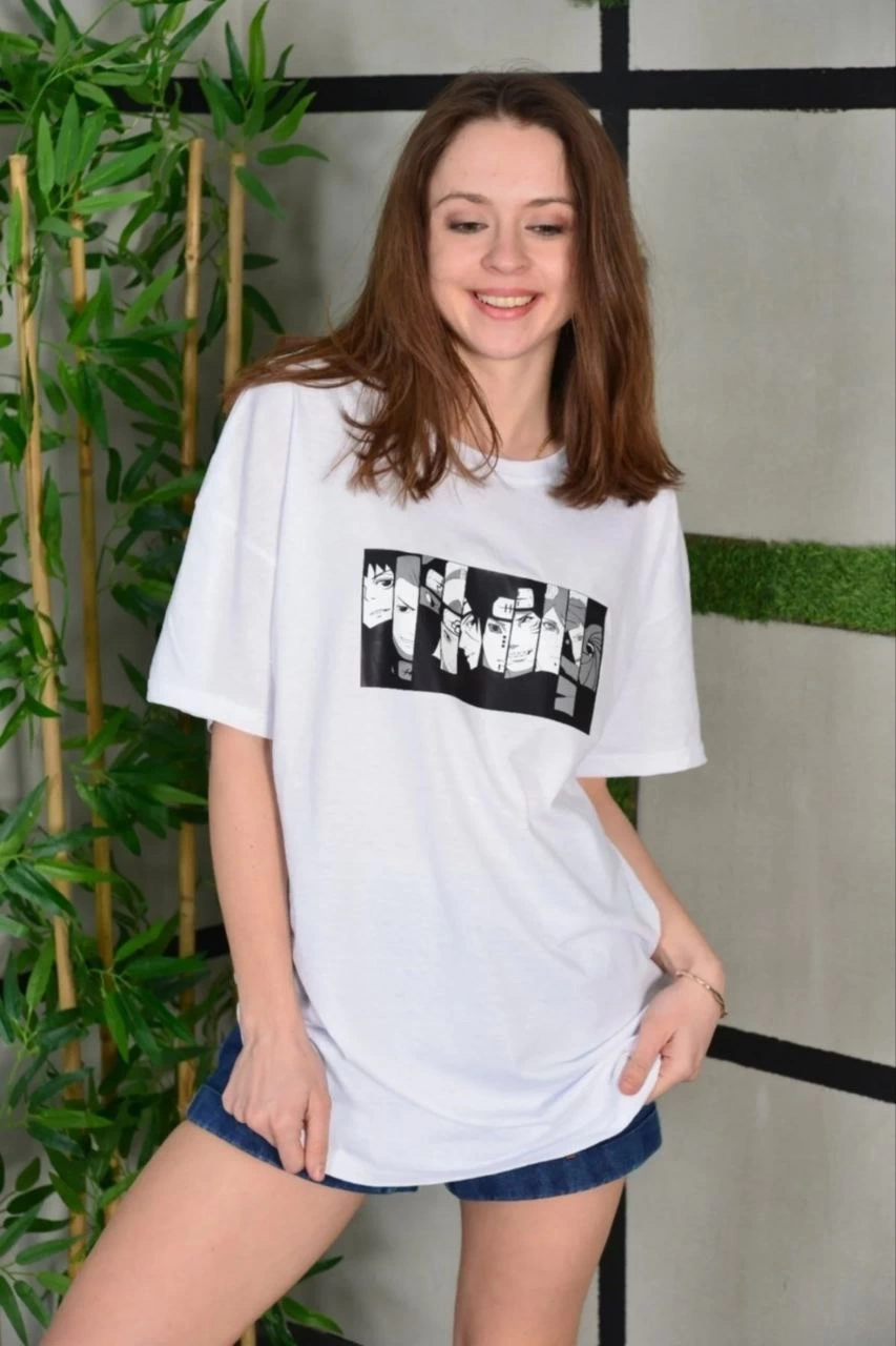 Kadın Bisiklet Yaka Baskılı Kısa kol Oversize T-Shirt – Beyaz