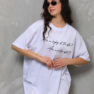 Kadın Kısa Kol Yazlık Tişört Bisiklet Yaka Baskılı Oversize T-Shirt – Beyaz
