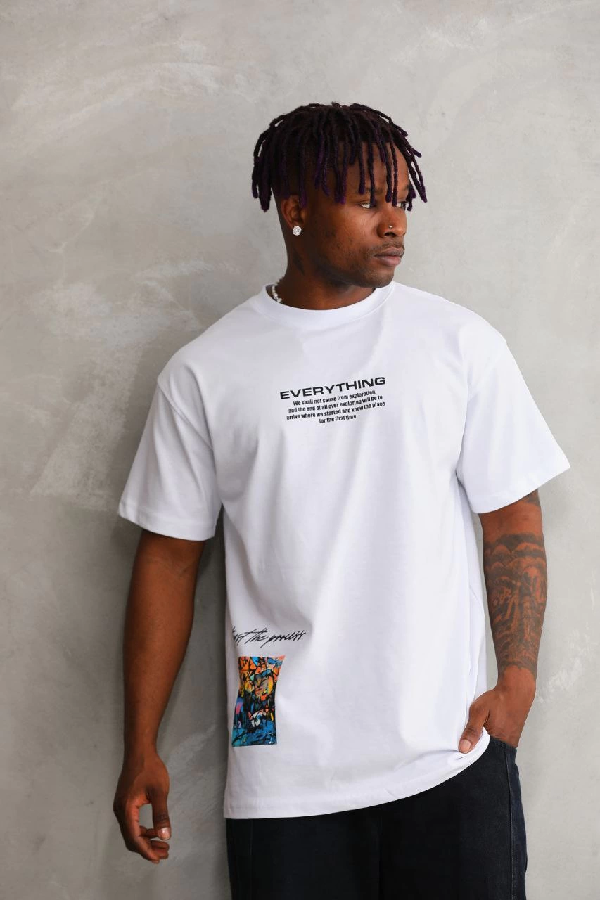 Erkek Bisiklet Yaka Baskılı Oversize T-Shirt – Beyaz
