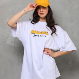 kadın Bisiklet Yaka Baskılı Oversize T-Shirt – Beyaz