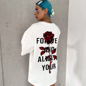 kadın Bisiklet Yaka Baskılı Oversize Kısa kol T-Shirt – Beyaz