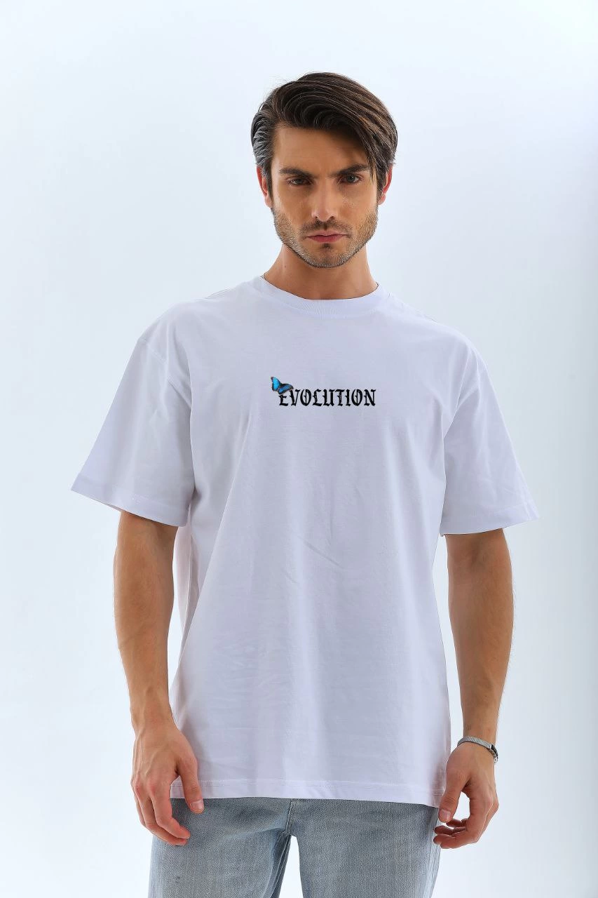Erkek Kısa Kol Yazlık Tişört Bisiklet Yaka KELEBEK Baskılı T-Shirt – Beyaz