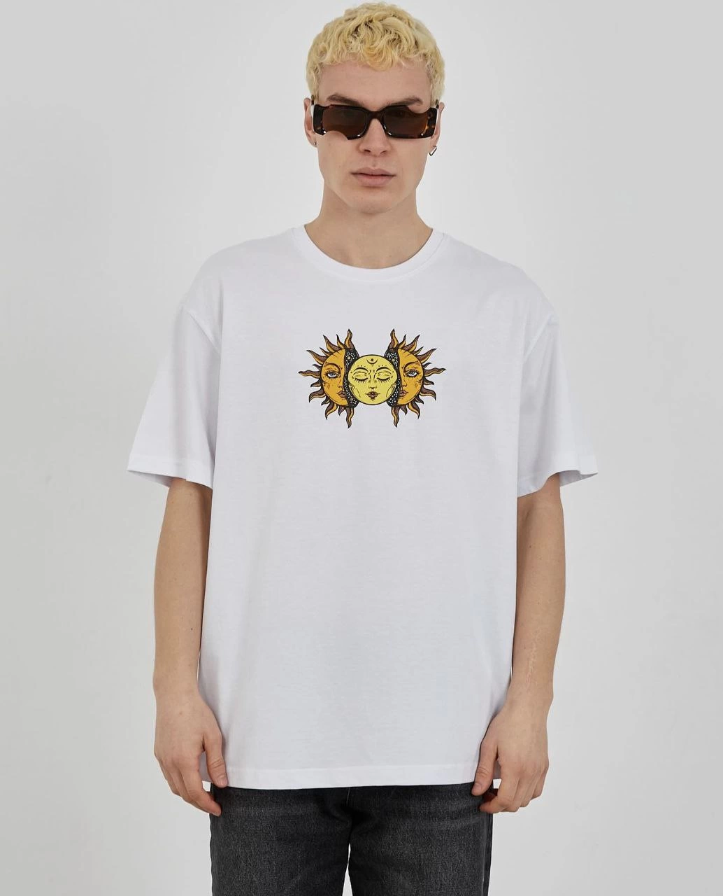 Erkek Kısa Kol Yazlık Tişört Bisiklet Yaka Baskılı Oversize T-Shirt – Beyaz
