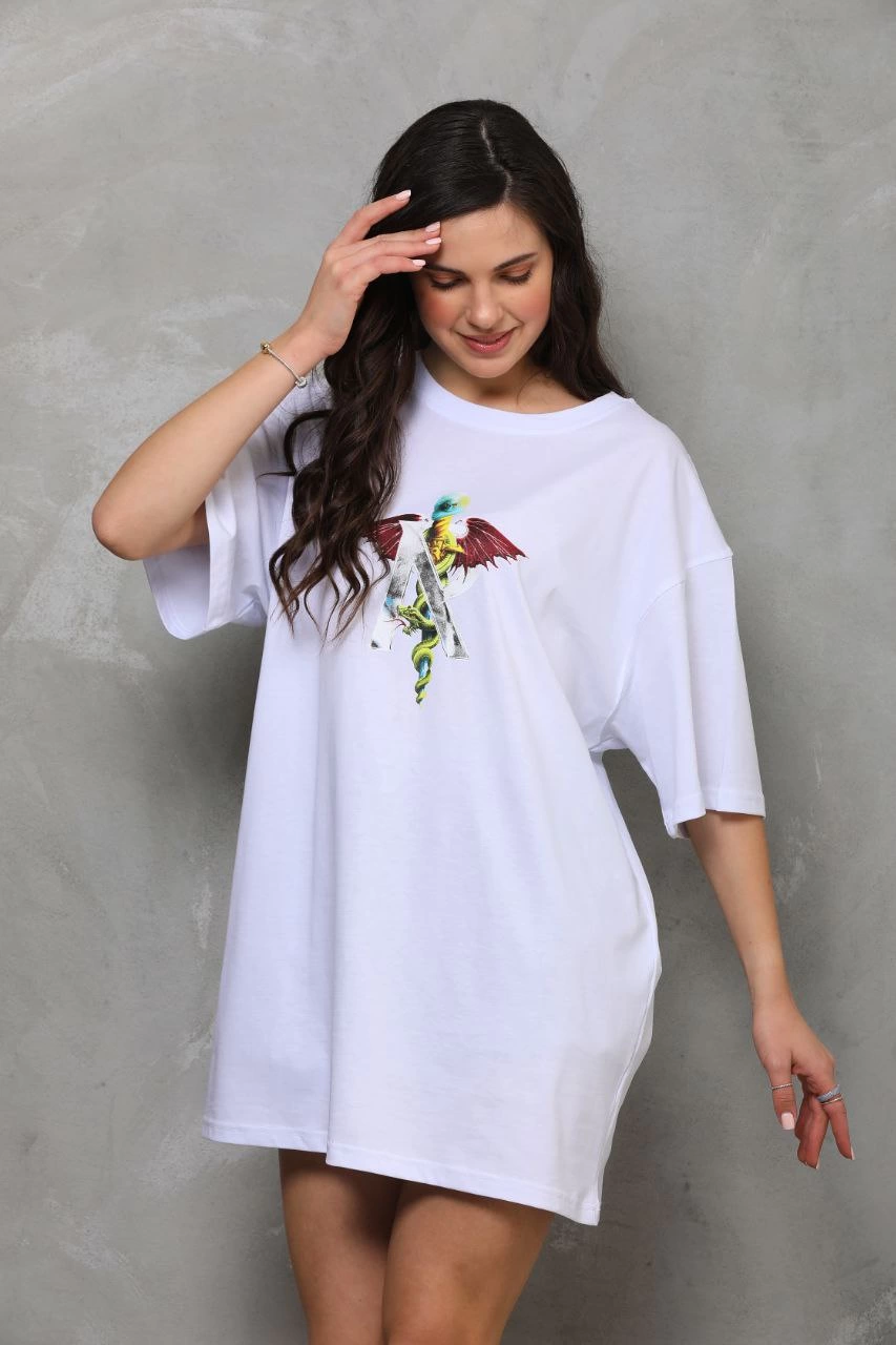 Kadın Baskılı T-Shirt Kısa Kol Bisiklet Yaka Regular Fit Rahat Kalıp Günlük Tişört – Beyaz