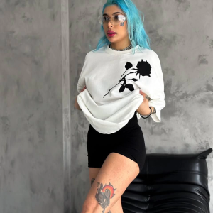 kadın Bisiklet Yaka Baskılı Oversize Kısa kol T-Shirt – Beyaz