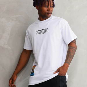 Erkek Bisiklet Yaka Baskılı Oversize T-Shirt – Beyaz