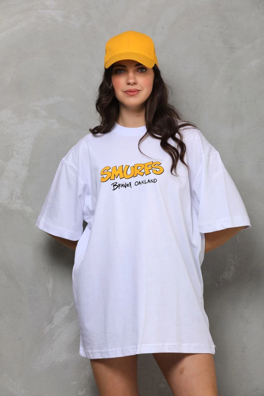 kadın Bisiklet Yaka Baskılı Oversize T-Shirt – Beyaz