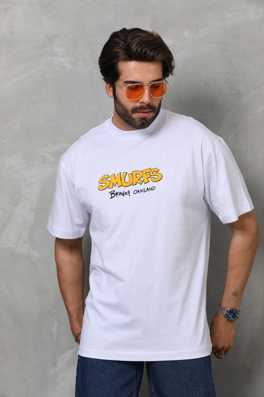 Erkek Kısa Kol Yazlık Tişört Bisiklet Yaka Baskılı Oversize T-Shirt – Beyaz