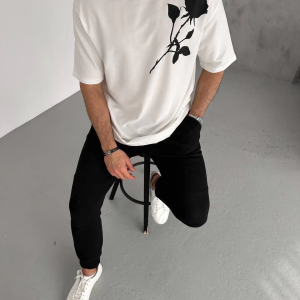 Erkek Kısa Kol Tişört Bisiklet Yaka GÜL Baskılı Oversize T-Shirt – Beyaz