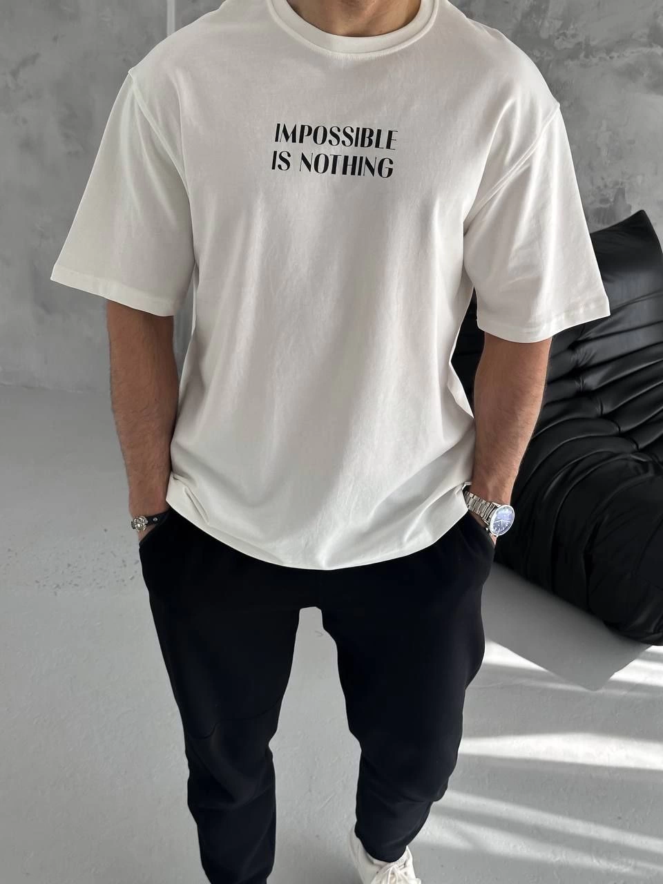 ERKEK Tişört Bisiklet Yaka Baskılı Oversize Kısa kol T-Shirt – Beyaz