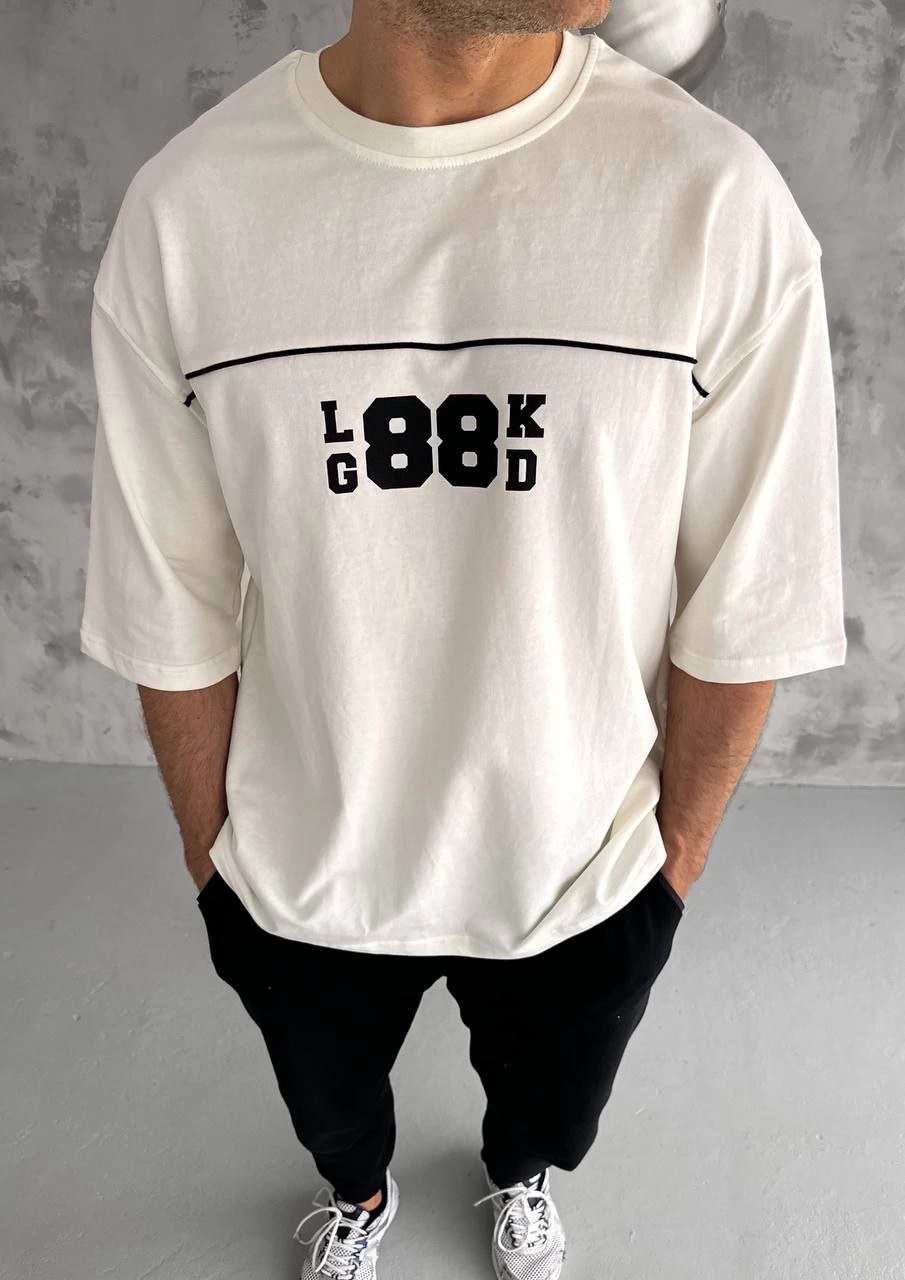 Erkek Kısa Kol Yazlık Tişört Bisiklet Yaka Baskılı Oversize T-Shirt – Beyaz