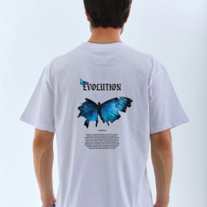 Erkek Kısa Kol Yazlık Tişört Bisiklet Yaka KELEBEK Baskılı T-Shirt – Beyaz