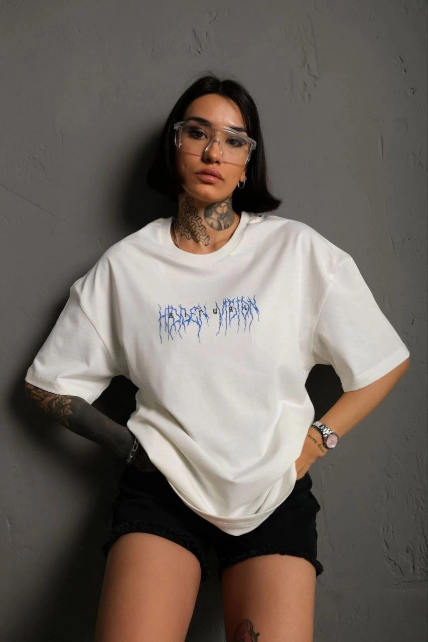 kadın Bisiklet Yaka Baskılı Oversize Kısa kol T-Shirt – Beyaz