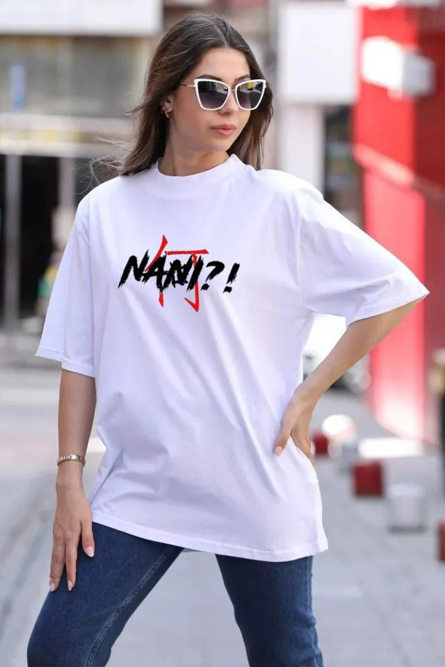 Kadın Baskılı T-Shirt Kısa Kol Bisiklet Yaka Oversize Rahat Kalıp Günlük Tişört – Beyaz