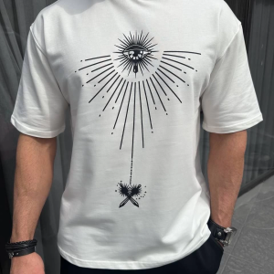 Erkek Kısa Kol Tişört Bisiklet Yaka GÜL Baskılı Oversize T-Shirt – Beyaz