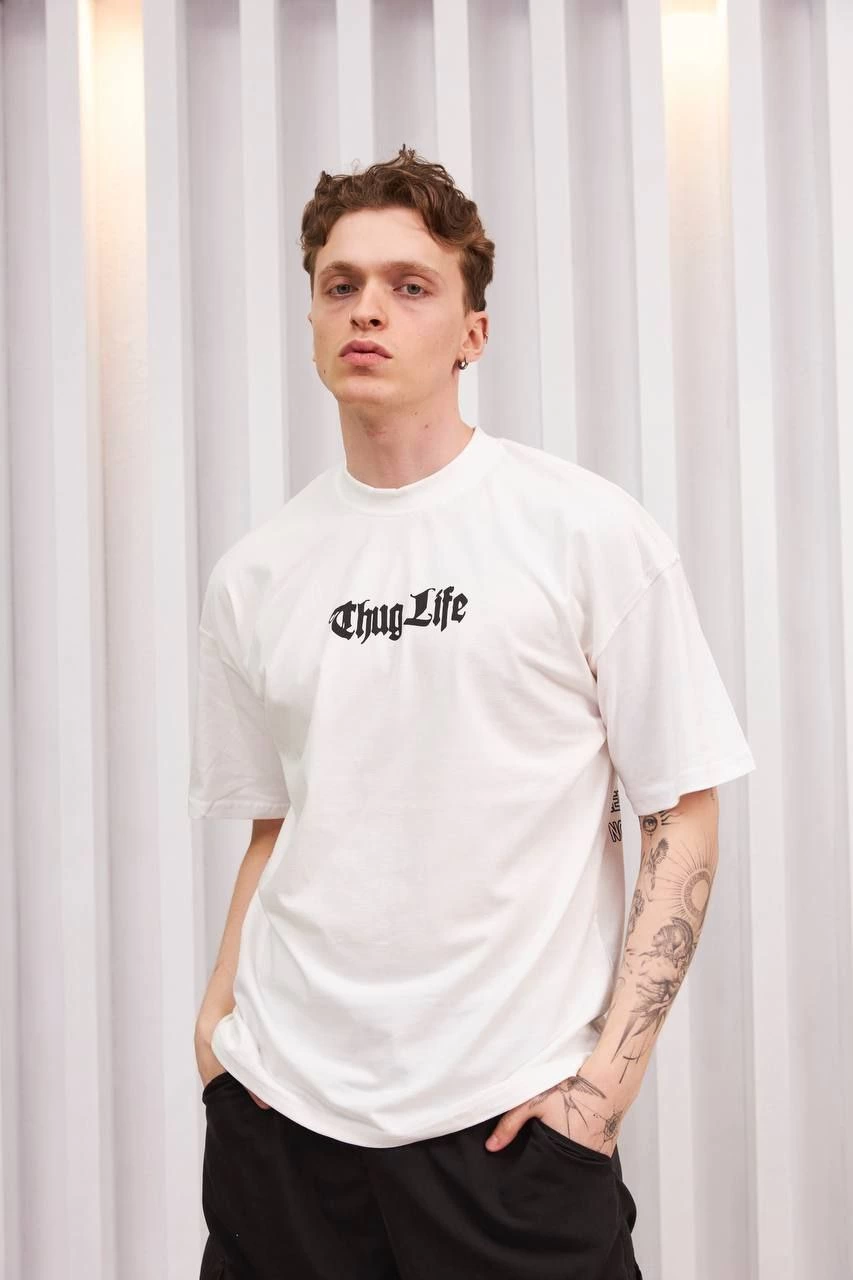 Erkek Kısa Kol Yazlık Tişört Bisiklet Yaka Baskılı Oversize T-Shirt – Beyaz