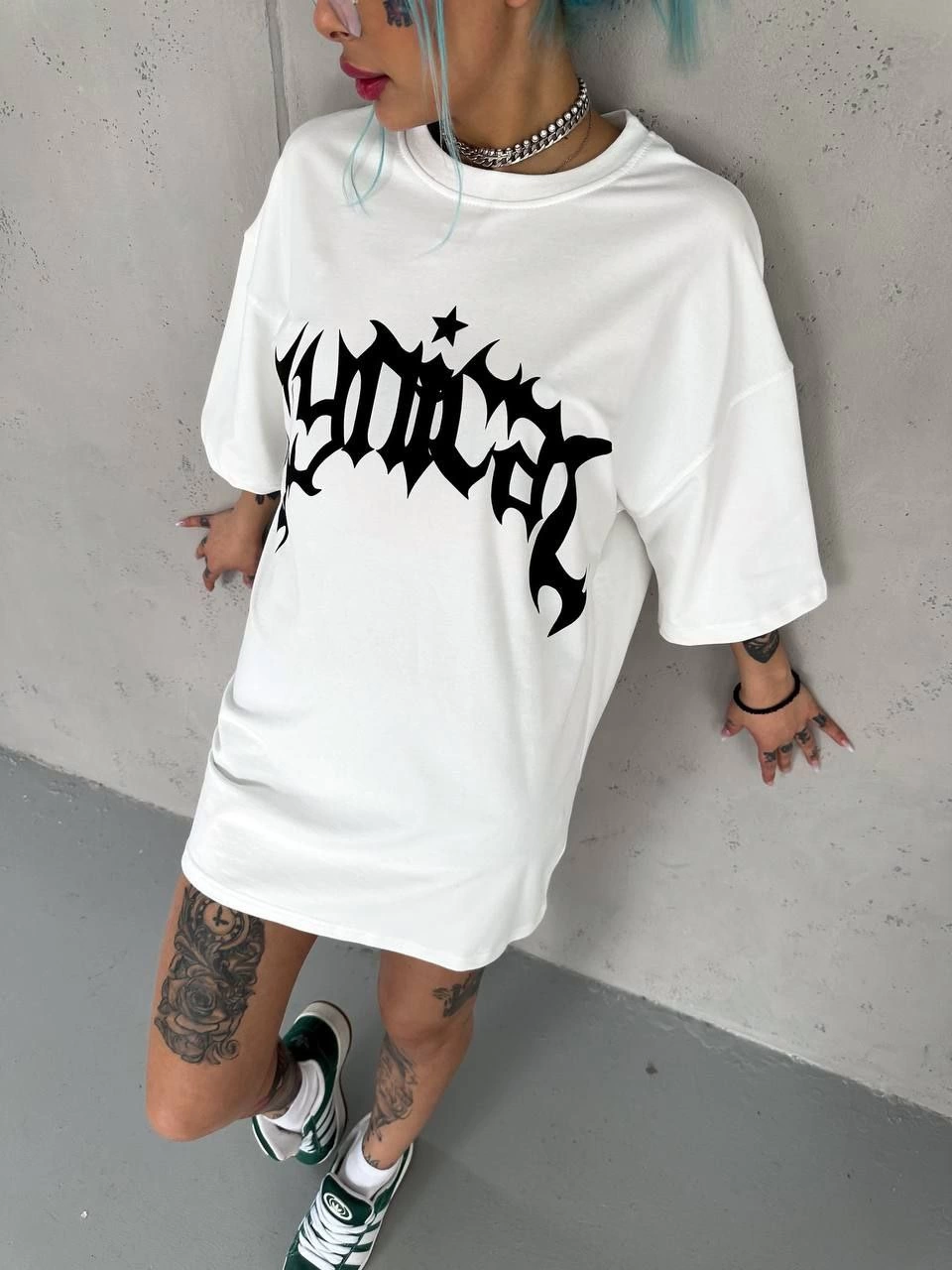 kadın Bisiklet Yaka Baskılı Oversize Kısa kol T-Shirt – Beyaz