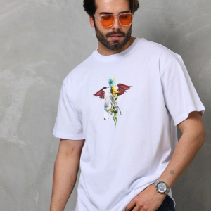 Erkek Baskılı T-Shirt Kısa Kol Bisiklet Yaka Regular Fit Rahat Kalıp Tişört – Beyaz