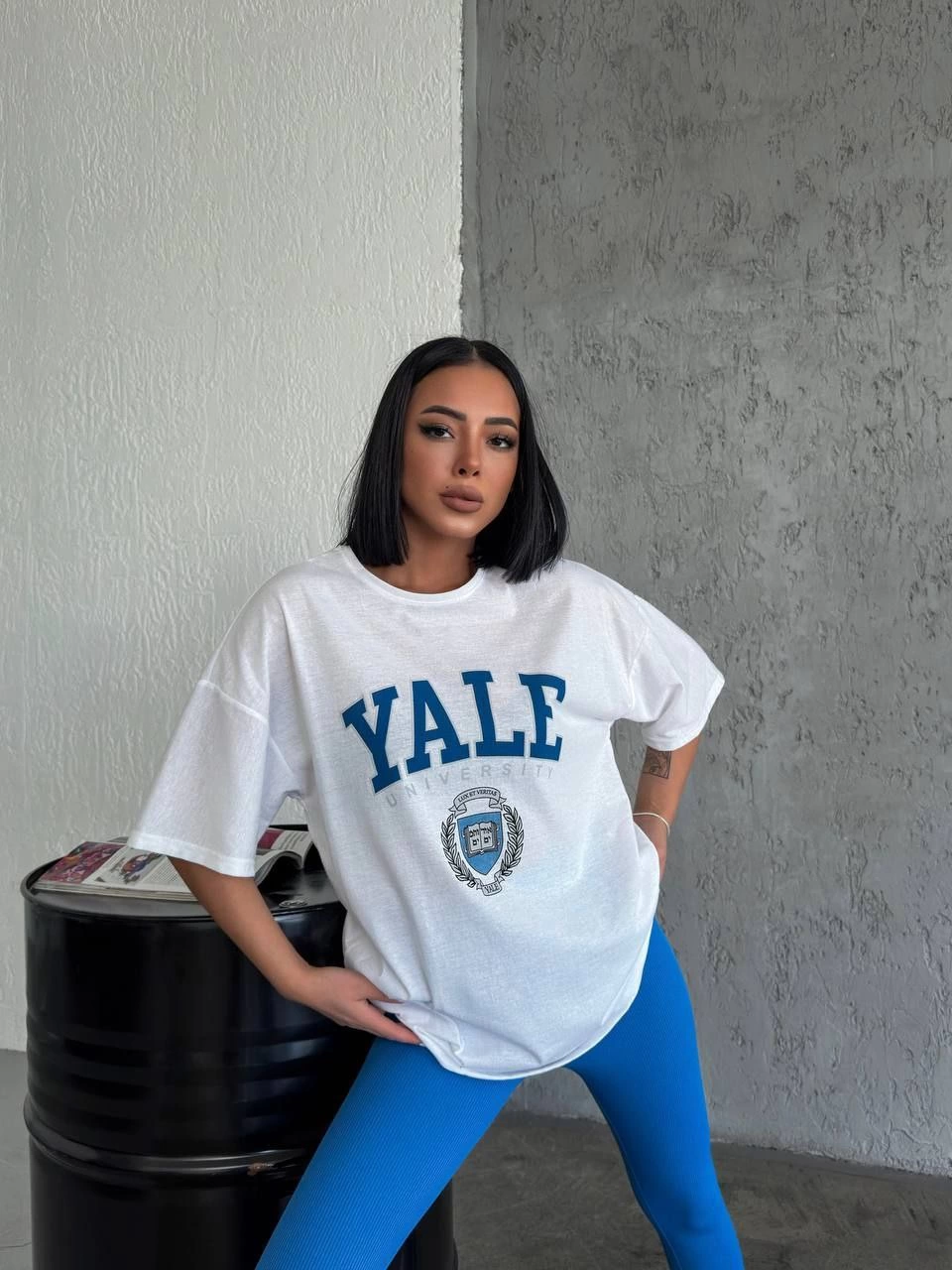 Kadın Kısa Kol Yazlık Tişört Bisiklet Yaka YALE Baskılı T-Shirt – Beyaz