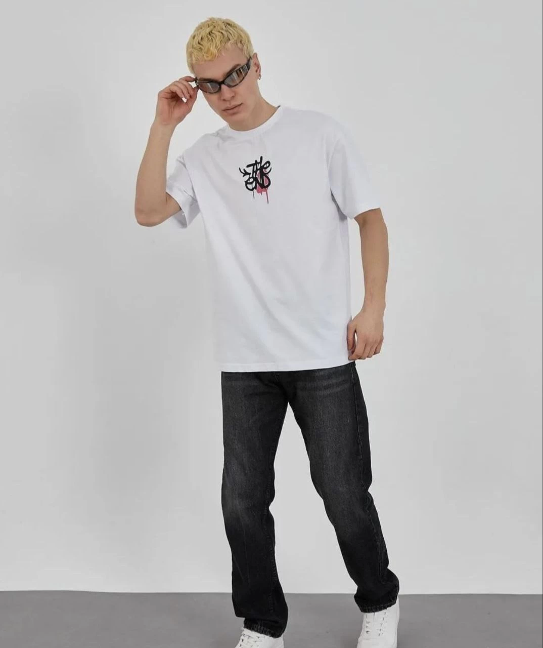 Erkek Kısa Kol Yazlık Tişört Bisiklet Yaka Baskılı Oversize T-Shirt – Beyaz