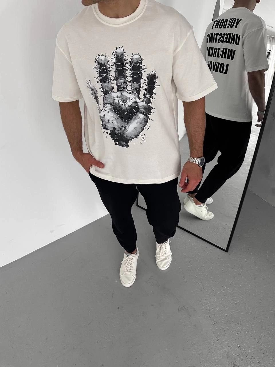 Erkek Baskılı T-Shirt Kısa Kol Bisiklet Yaka Regular Fit Rahat Kalıp Günlük Tişört – Beyaz