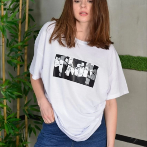 Kadın Bisiklet Yaka Baskılı Kısa kol Oversize T-Shirt – Beyaz