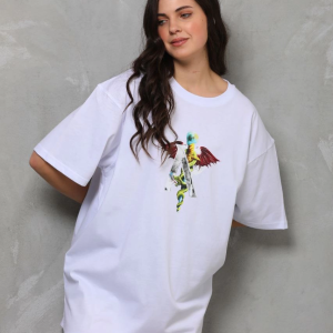 Kadın Baskılı T-Shirt Kısa Kol Bisiklet Yaka Regular Fit Rahat Kalıp Günlük Tişört – Beyaz