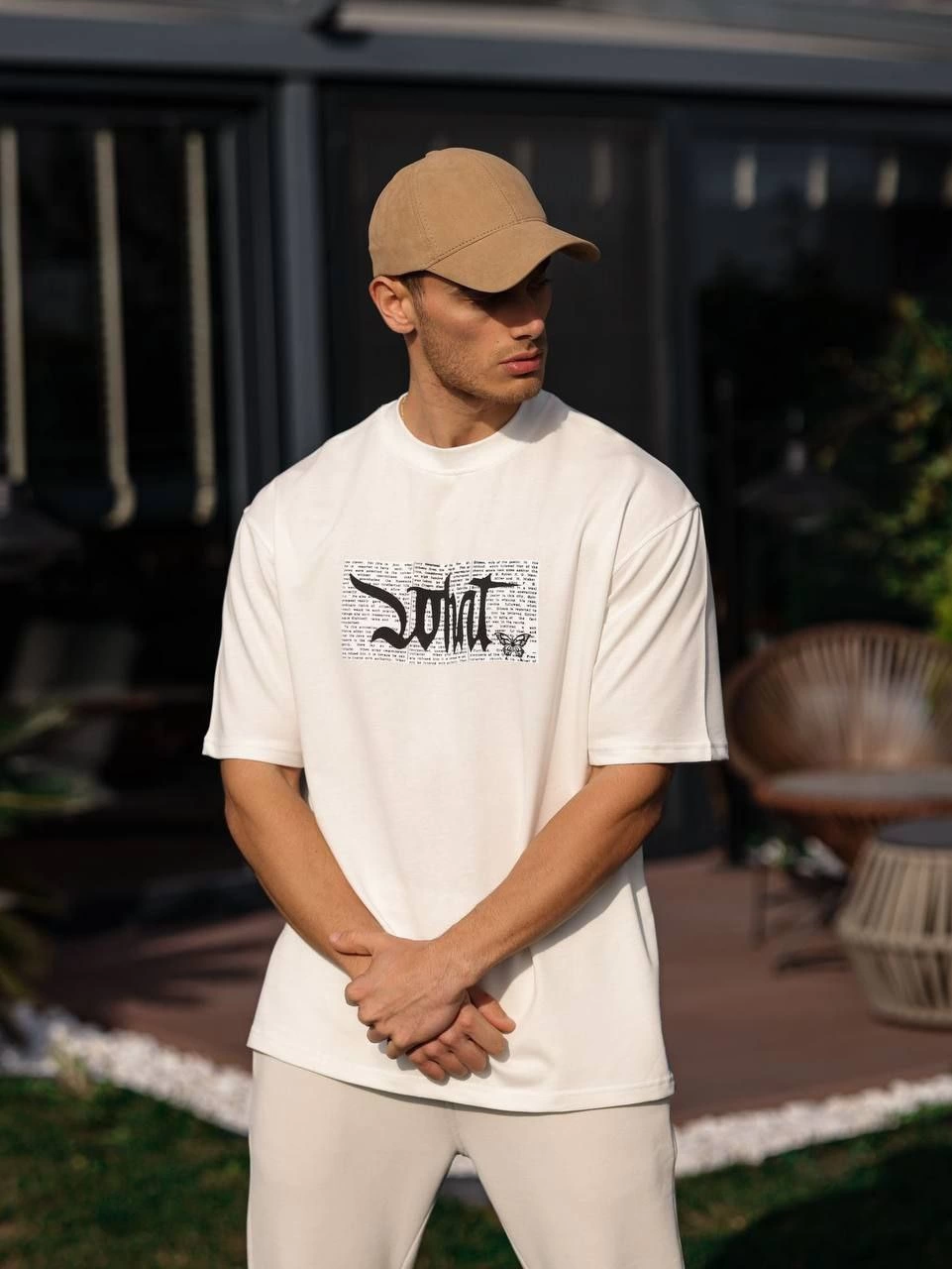 Erkek Kısa Kol Yazlık Tişört Bisiklet Yaka Baskılı Oversize T-Shirt – Beyaz