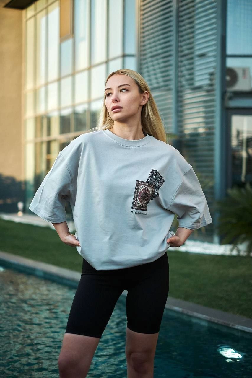 kadın Bisiklet Yaka Baskılı Kısa kol Oversize T-Shirt – Boyalı Gri