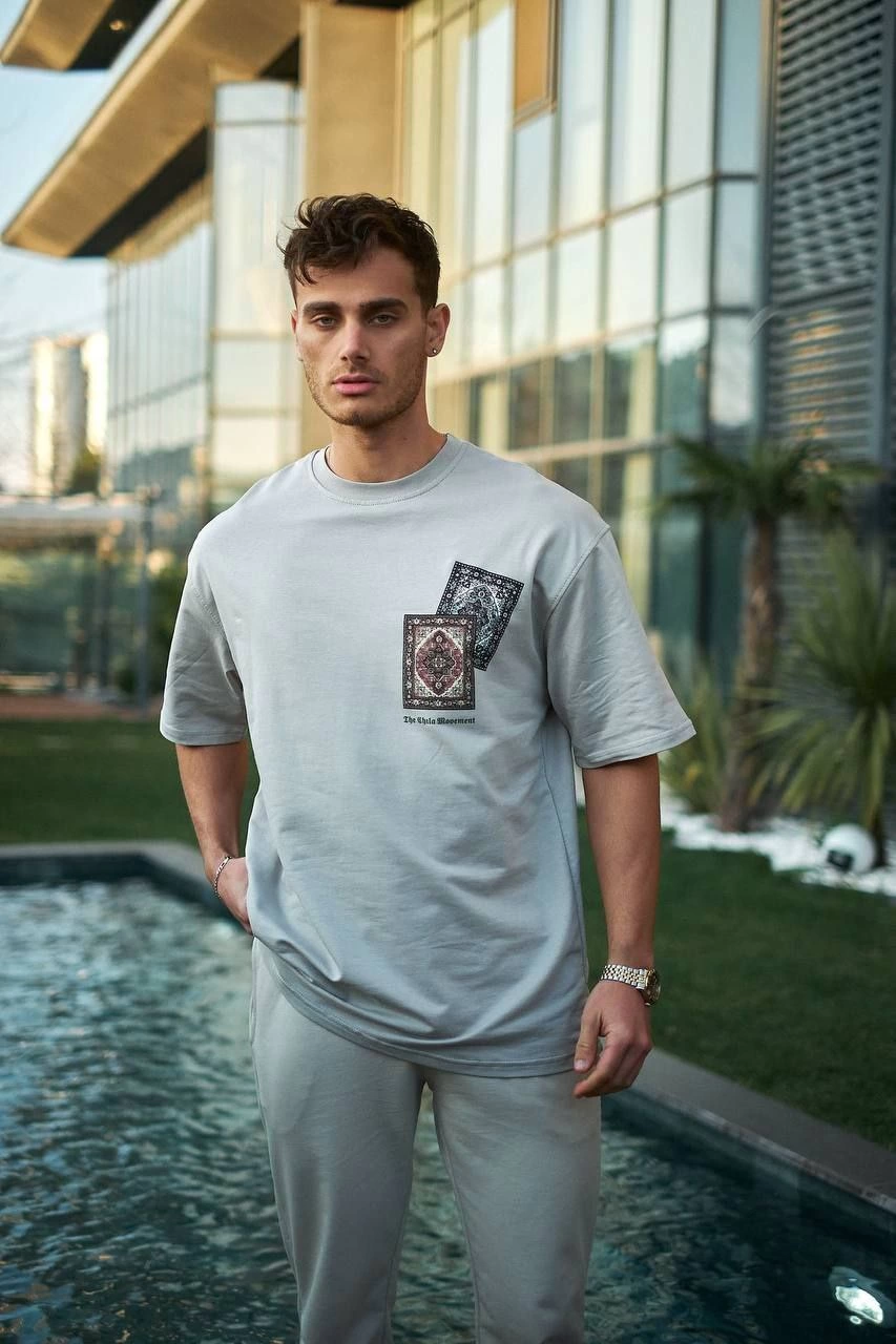 Erkek Kısa Kol Yazlık Tişört Bisiklet Yaka Baskılı Oversize T-Shirt – Boyalı Gri
