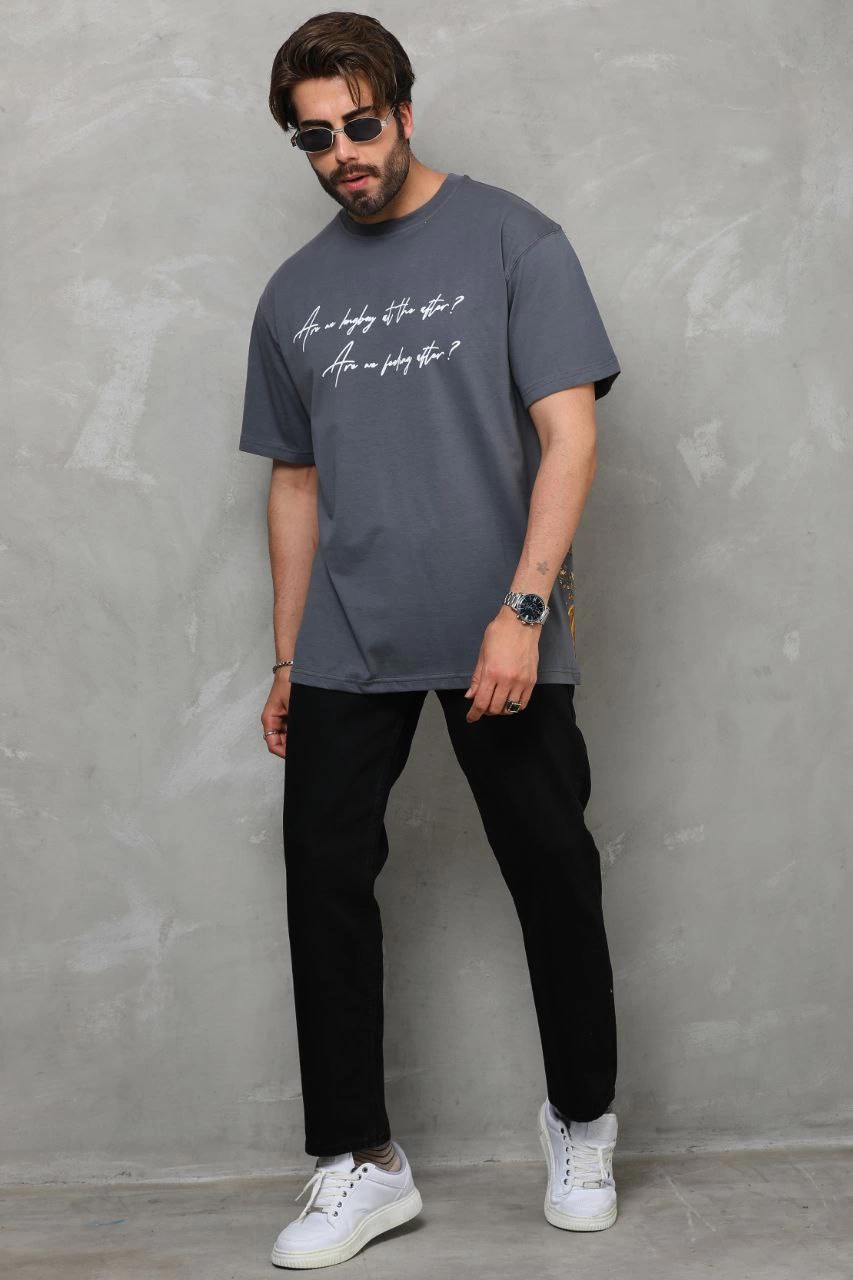 Erkek Kısa Kol Yazlık Tişört Bisiklet Yaka Baskılı Oversize T-Shirt – Füme