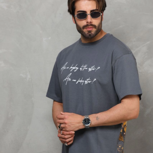 Erkek Kısa Kol Yazlık Tişört Bisiklet Yaka Baskılı Oversize T-Shirt – Füme