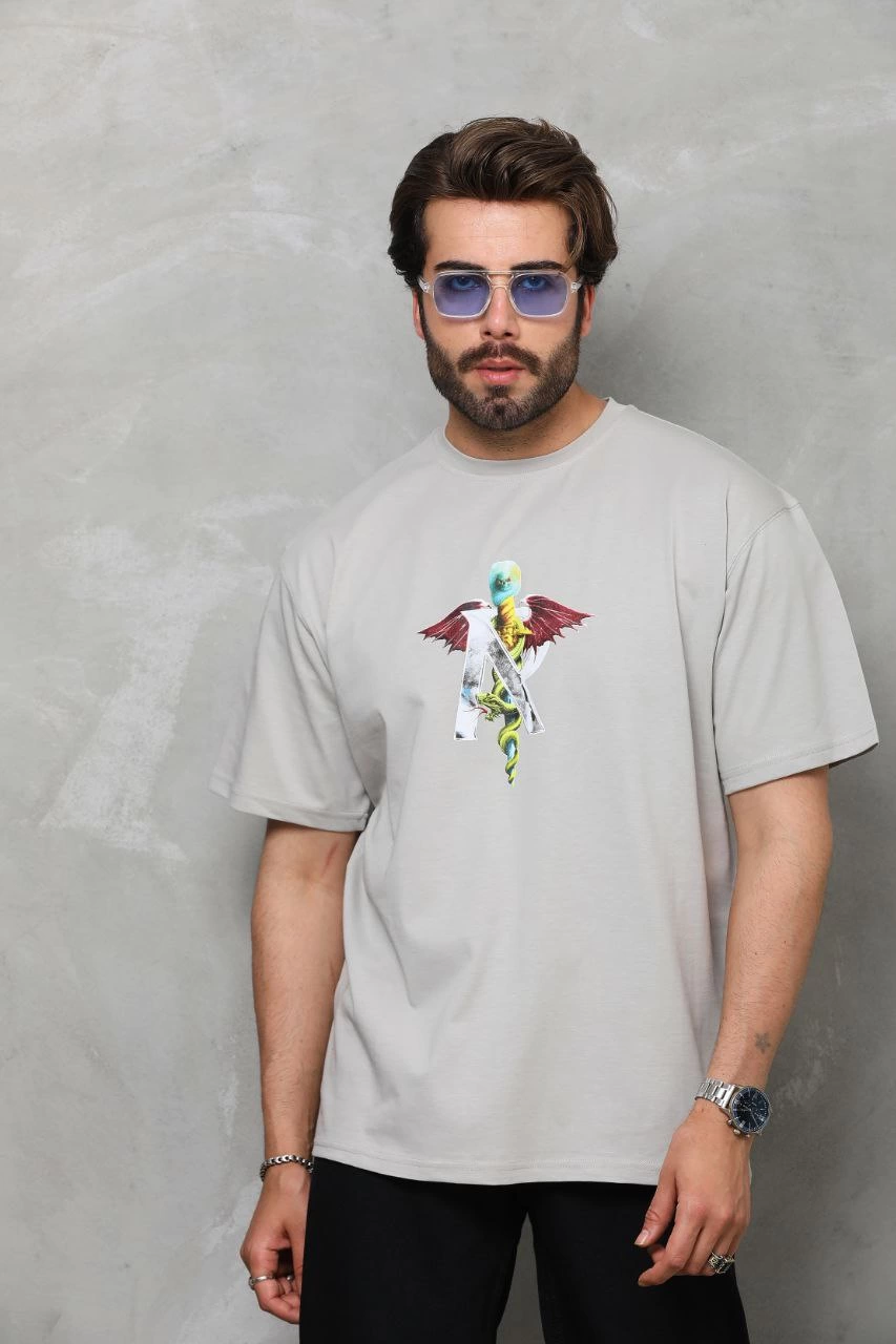 Erkek Baskılı T-Shirt Kısa Kol Bisiklet Yaka Regular Fit Rahat Kalıp Tişört – Gri