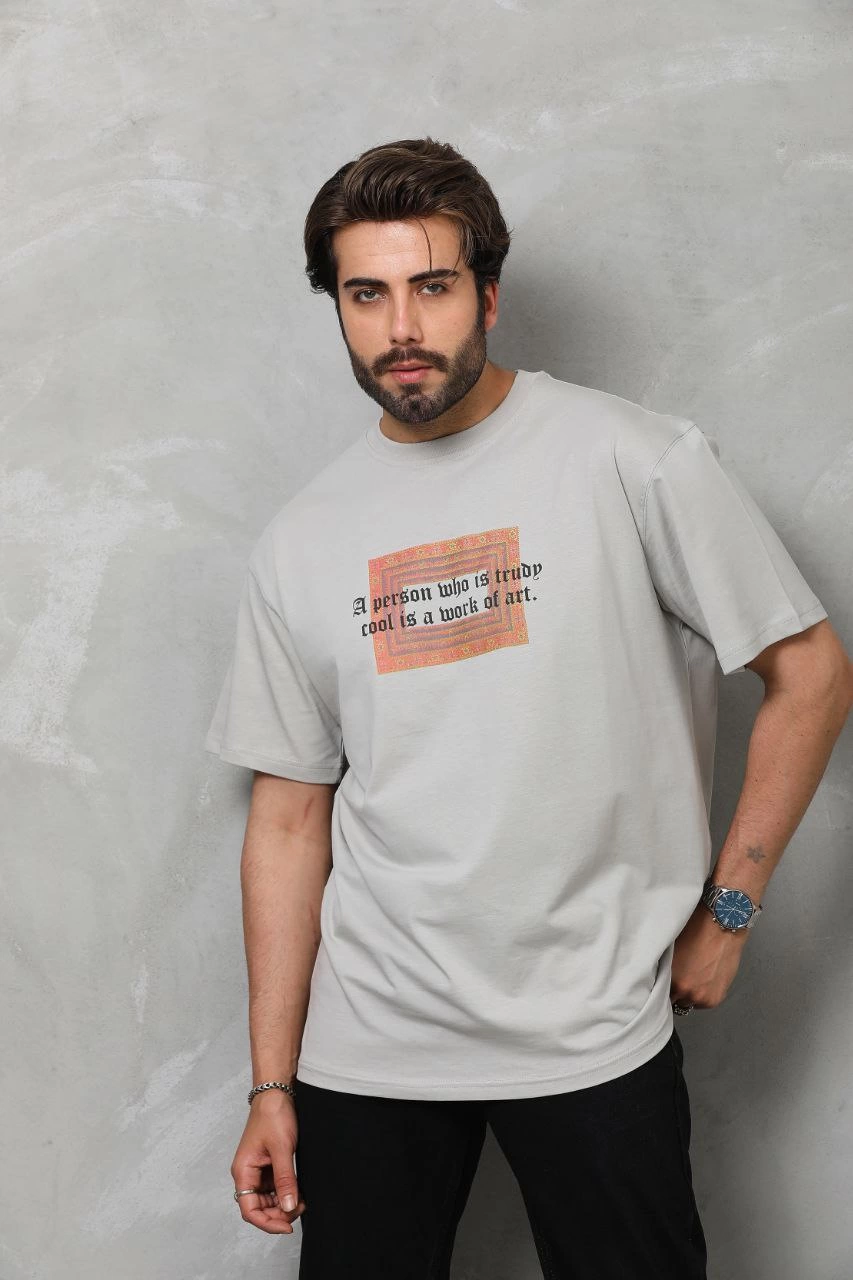 Erkek Baskılı T-Shirt Kısa Kol Bisiklet Yaka Regular Fit Rahat Kalıp Tişört – Gri