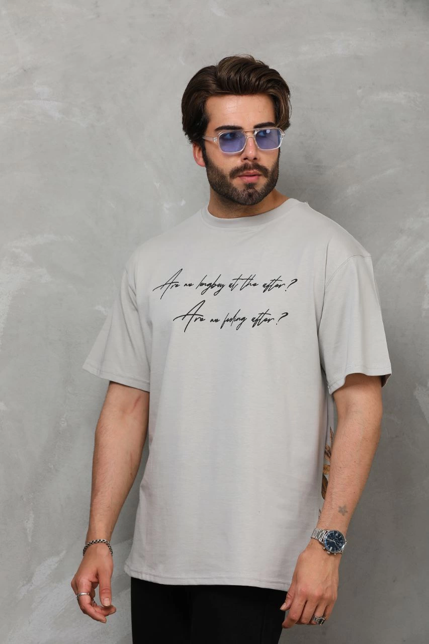 Erkek Kısa Kol Yazlık Tişört Bisiklet Yaka Baskılı Oversize T-Shirt – Gri