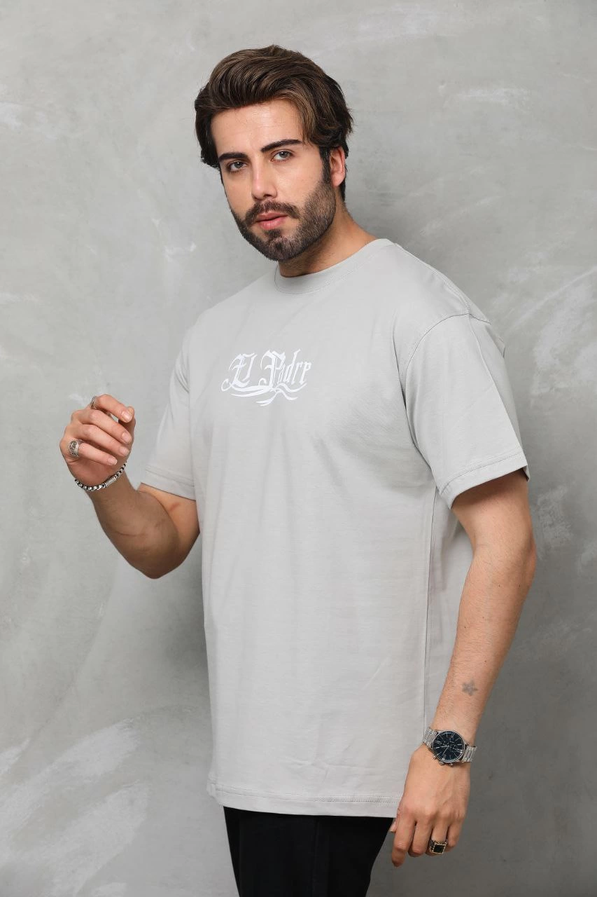 Erkek Kısa Kol Yazlık Tişört Bisiklet Yaka Baskılı Oversize T-Shirt – Gri
