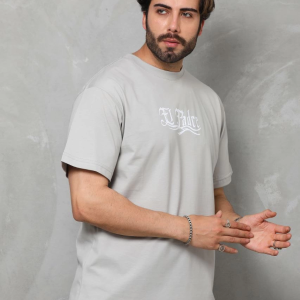 Erkek Kısa Kol Yazlık Tişört Bisiklet Yaka Baskılı Oversize T-Shirt – Gri