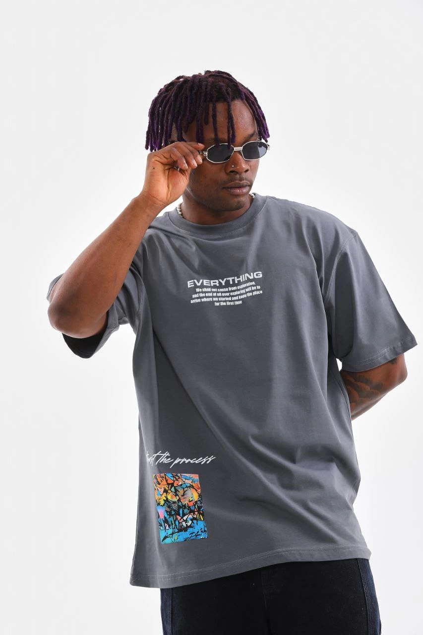Erkek Tişort Bisiklet Yaka Baskılı Oversize T-Shirt – Gri